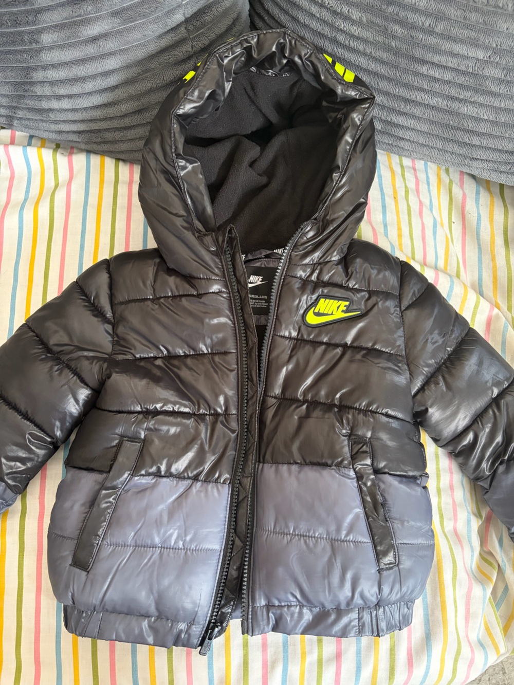 Nike Black Puffer Jacket with Neon Yellow Logo - Kids
